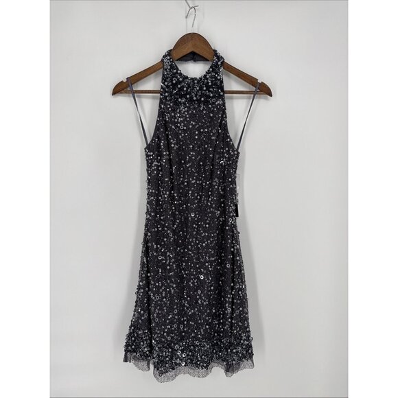 Aidan Adrianna Papell Size 2 Gray Beaded Sequin Halter Cocktail Dress Homecoming - Picture 5 of 12